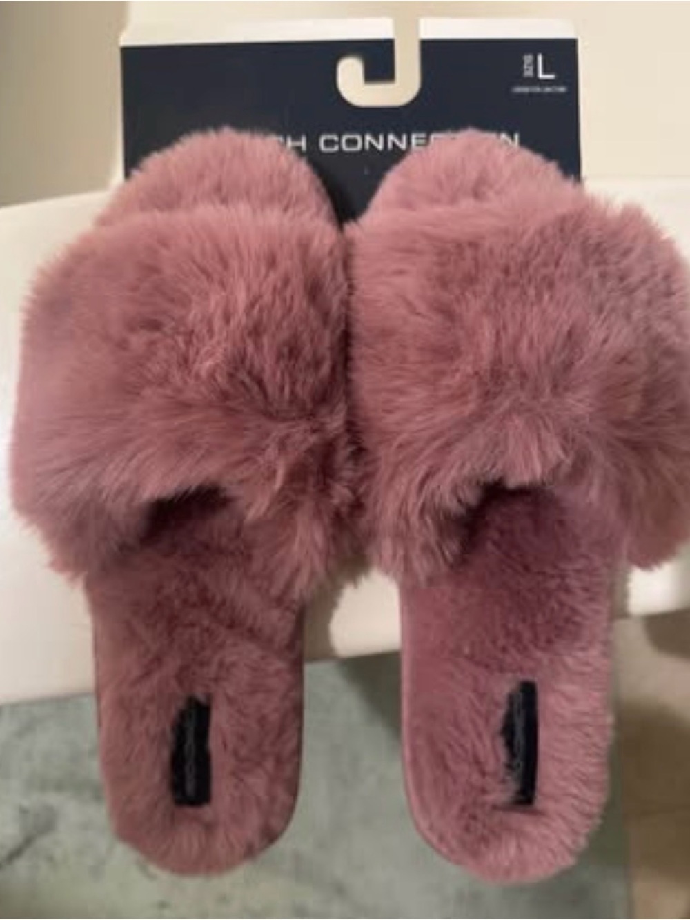 French Connection Plush Slide Slippers in Dusty Mauve